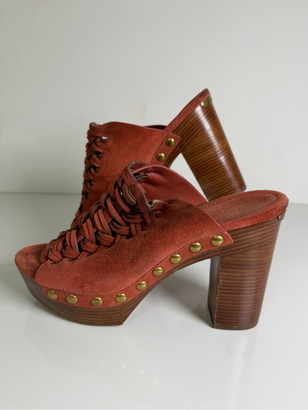 Michael Kors Women’s Sz 9 Rust Suede Woven Studded Platform Clog Heel Sandals